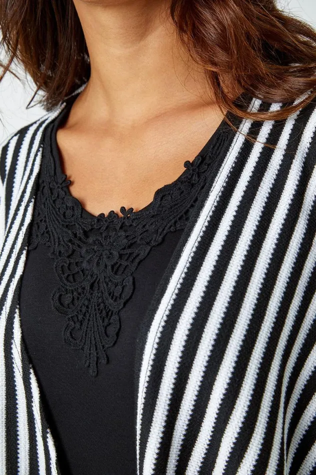 Women Black Stripe Cardigan and Lace Vest Stretch Top Roman Tops