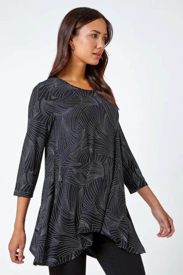 Women Black Swirl Print Hanky Hem Stretch Top Roman Tops