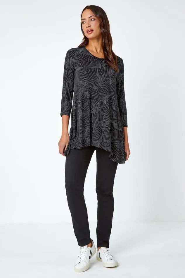 Women Black Swirl Print Hanky Hem Stretch Top Roman Tops