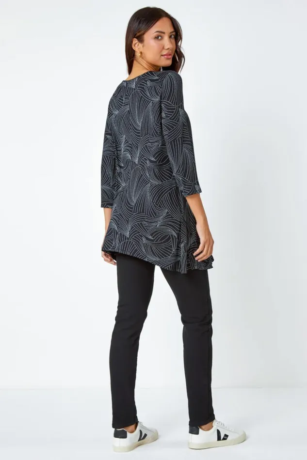 Women Black Swirl Print Hanky Hem Stretch Top Roman Tops