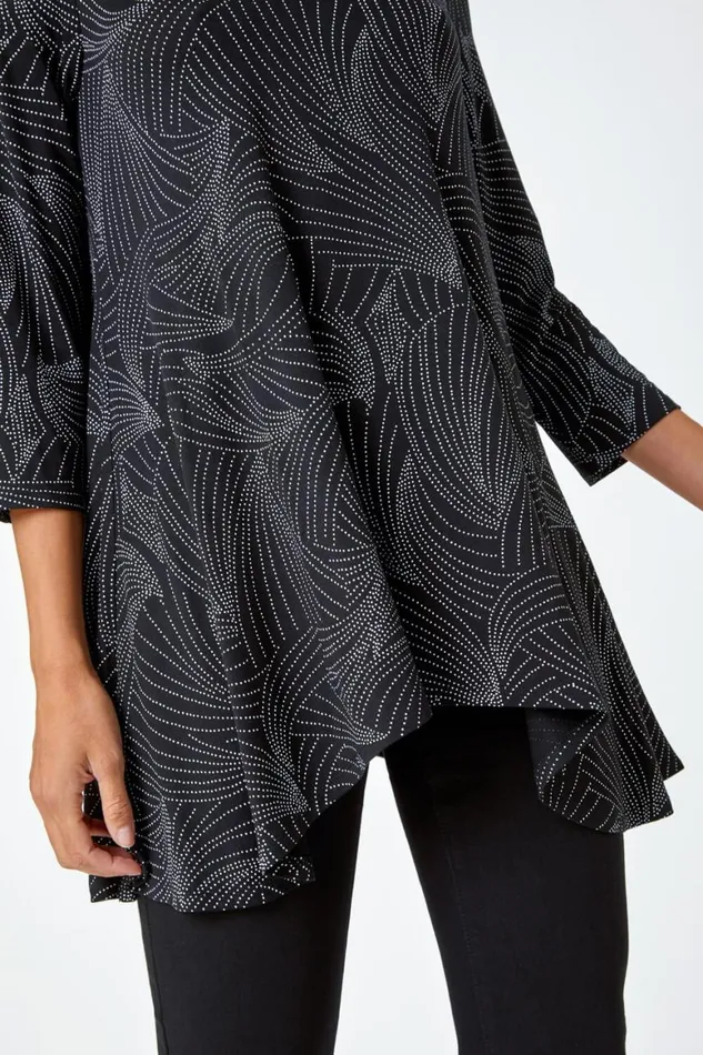 Women Black Swirl Print Hanky Hem Stretch Top Roman Tops
