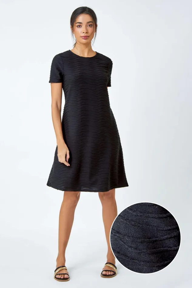 Women Black Textured ALine Skater Stretch Dress Roman Dresses