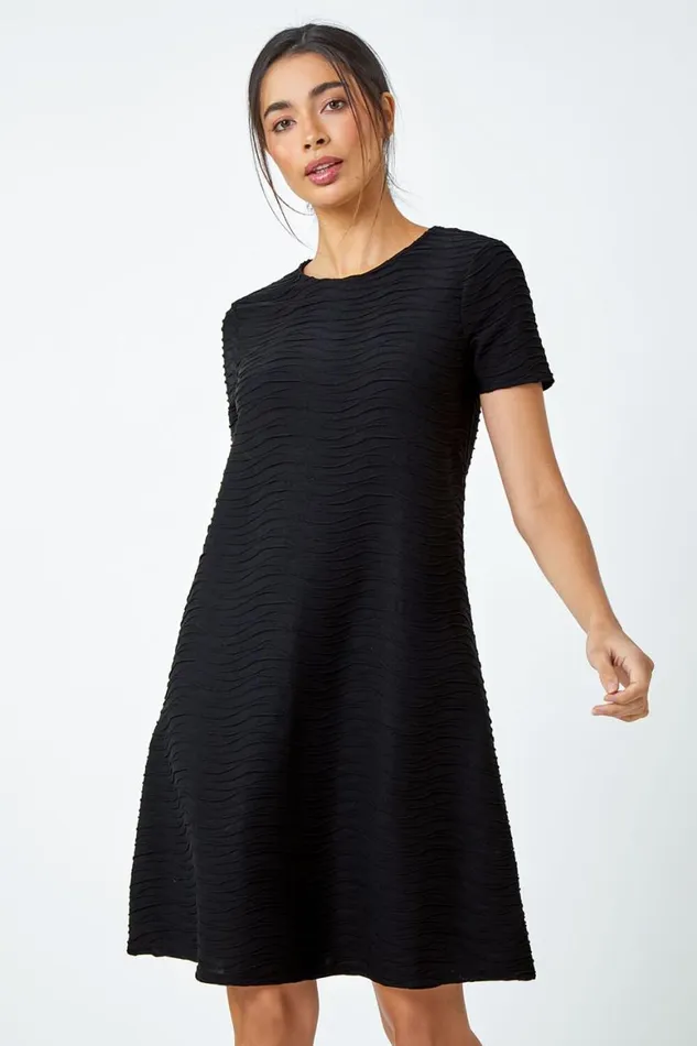 Women Black Textured ALine Skater Stretch Dress Roman Dresses