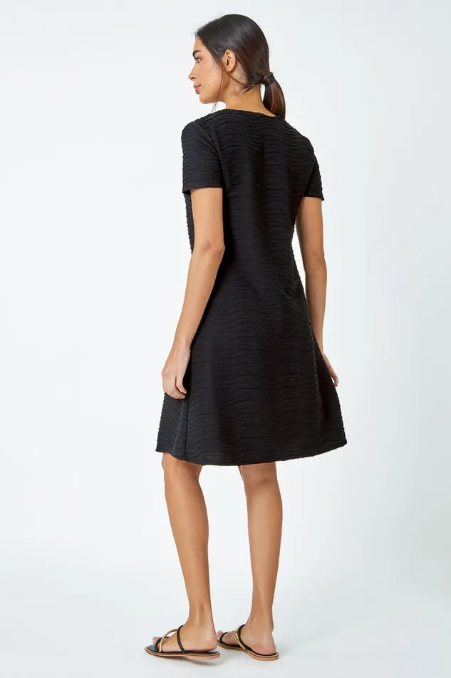 Women Black Textured ALine Skater Stretch Dress Roman Dresses