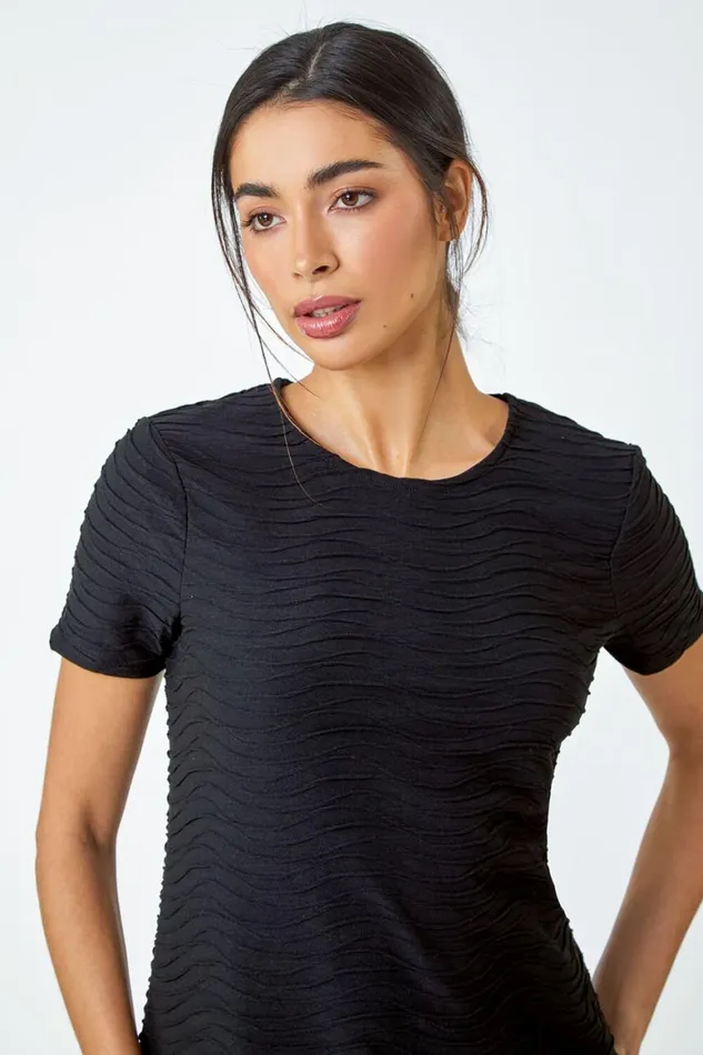 Women Black Textured ALine Skater Stretch Dress Roman Dresses