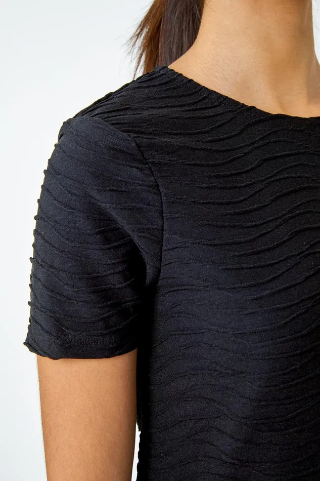 Women Black Textured ALine Skater Stretch Dress Roman Dresses