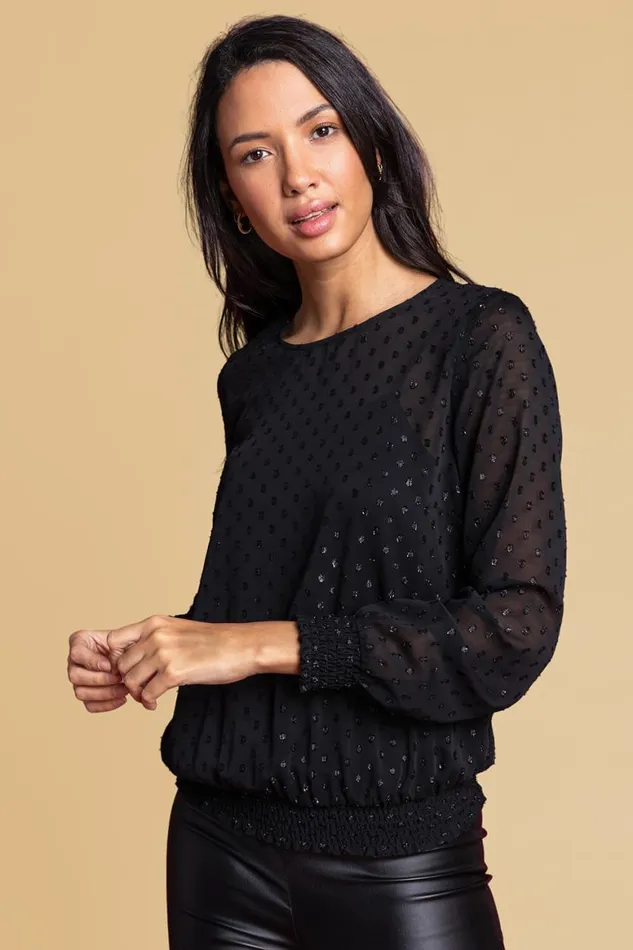 Women Black Textured Spot Shirred Shimmer Top Roman Tops