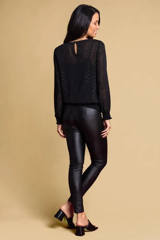 Women Black Textured Spot Shirred Shimmer Top Roman Tops