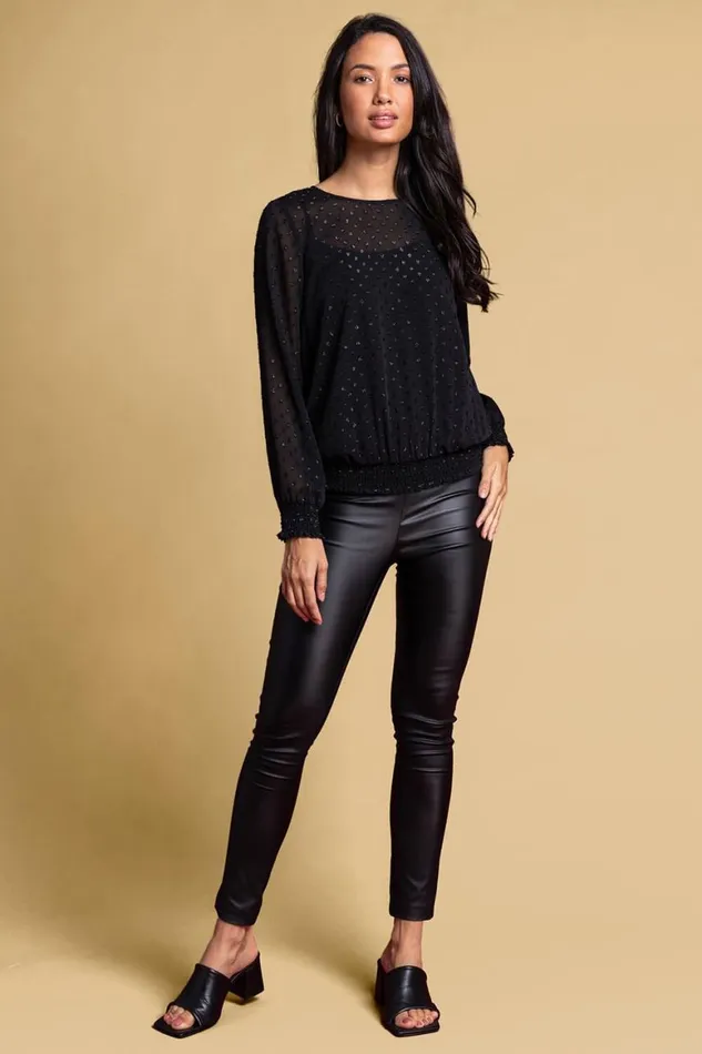 Women Black Textured Spot Shirred Shimmer Top Roman Tops