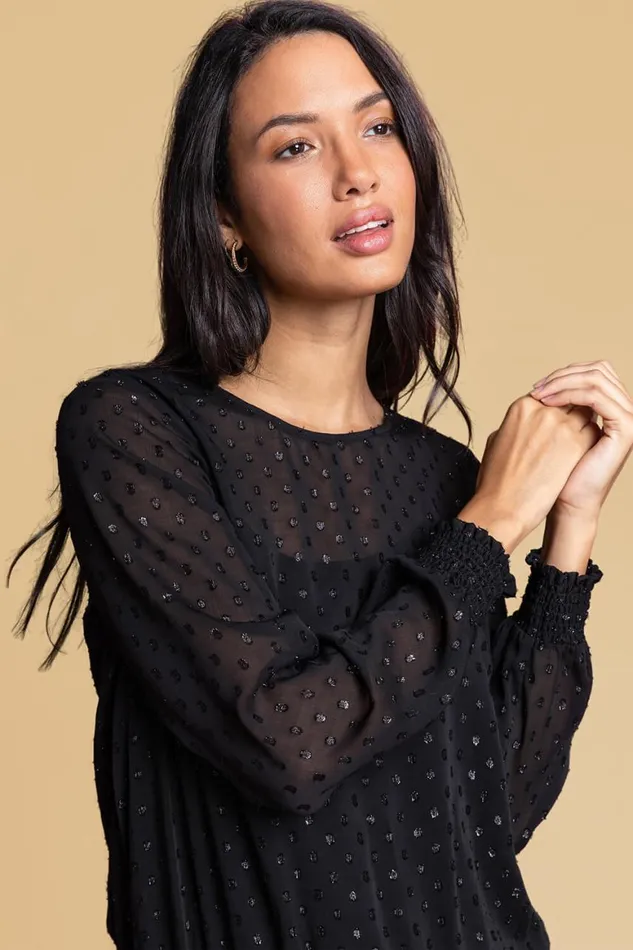 Women Black Textured Spot Shirred Shimmer Top Roman Tops