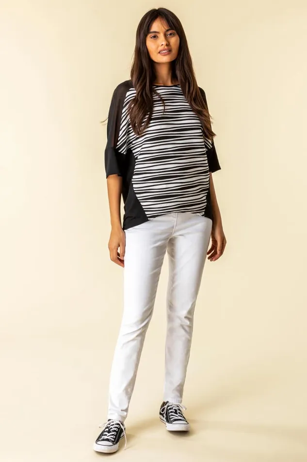 Women Black Textured Stripe Chiffon Panel Top Roman Tops