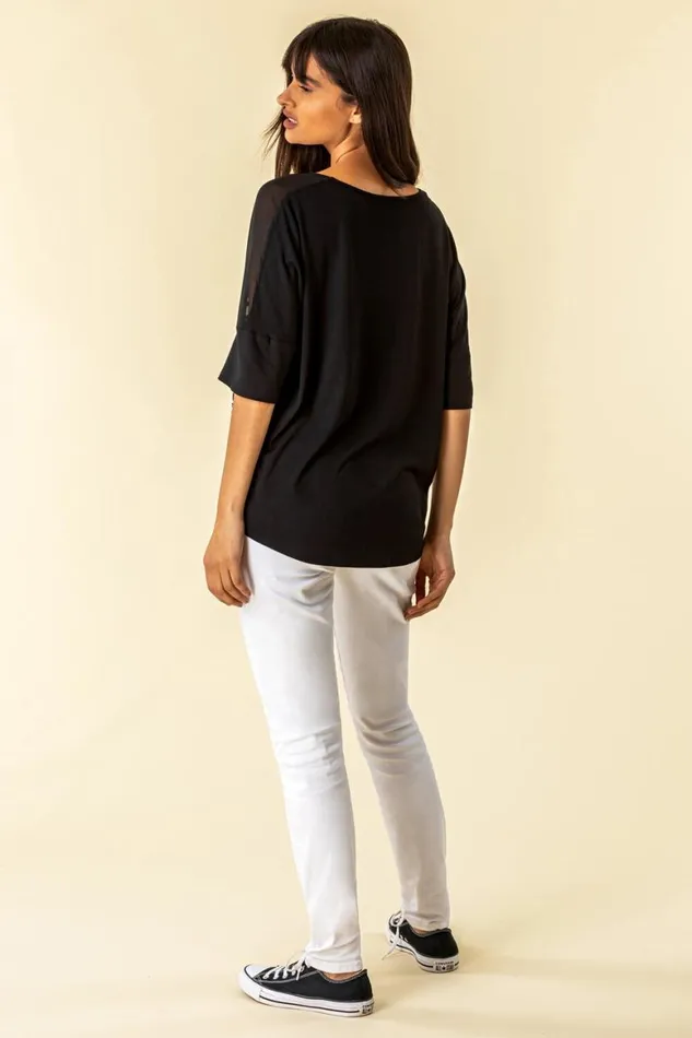 Women Black Textured Stripe Chiffon Panel Top Roman Tops