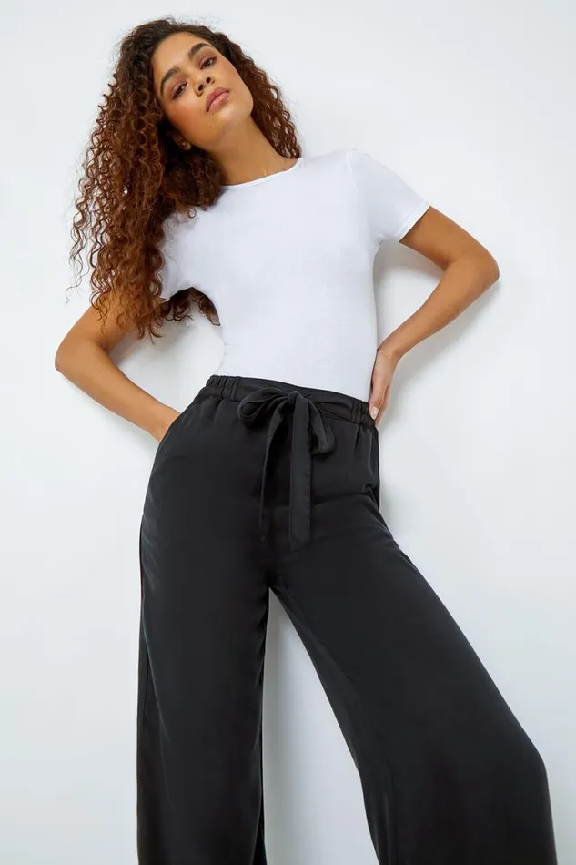 Women Black Tie Waist Wide Leg Trousers Roman Trousers