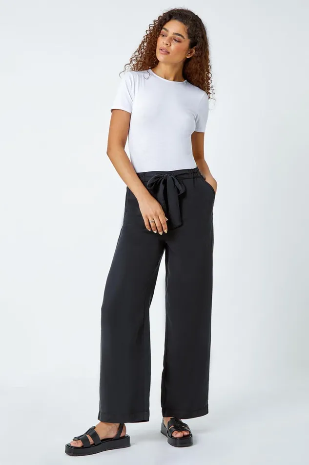 Women Black Tie Waist Wide Leg Trousers Roman Trousers