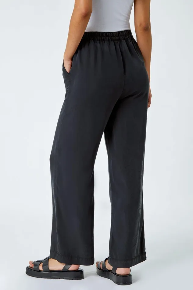 Women Black Tie Waist Wide Leg Trousers Roman Trousers