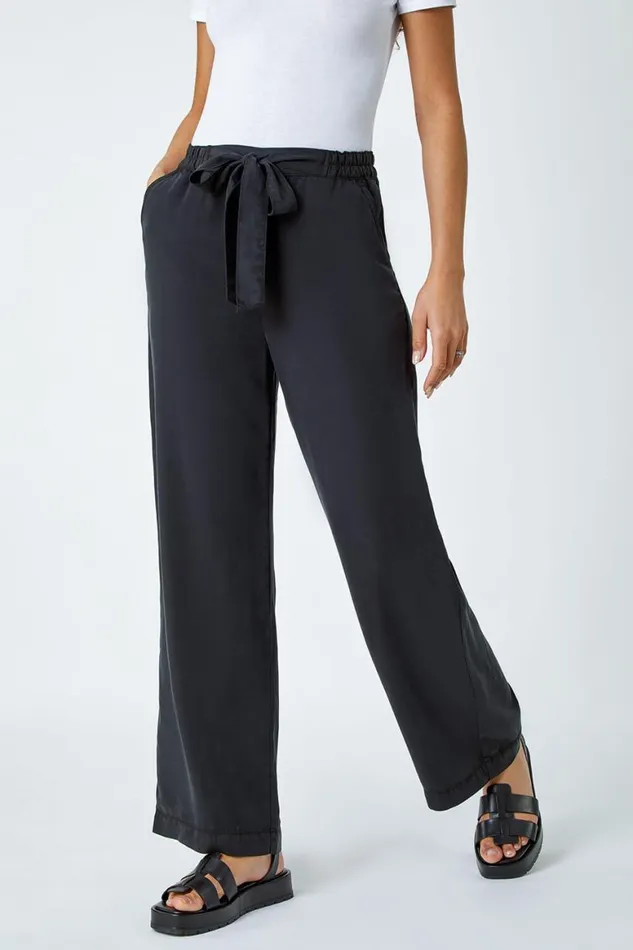 Women Black Tie Waist Wide Leg Trousers Roman Trousers