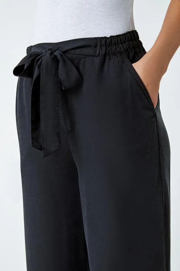 Women Black Tie Waist Wide Leg Trousers Roman Trousers