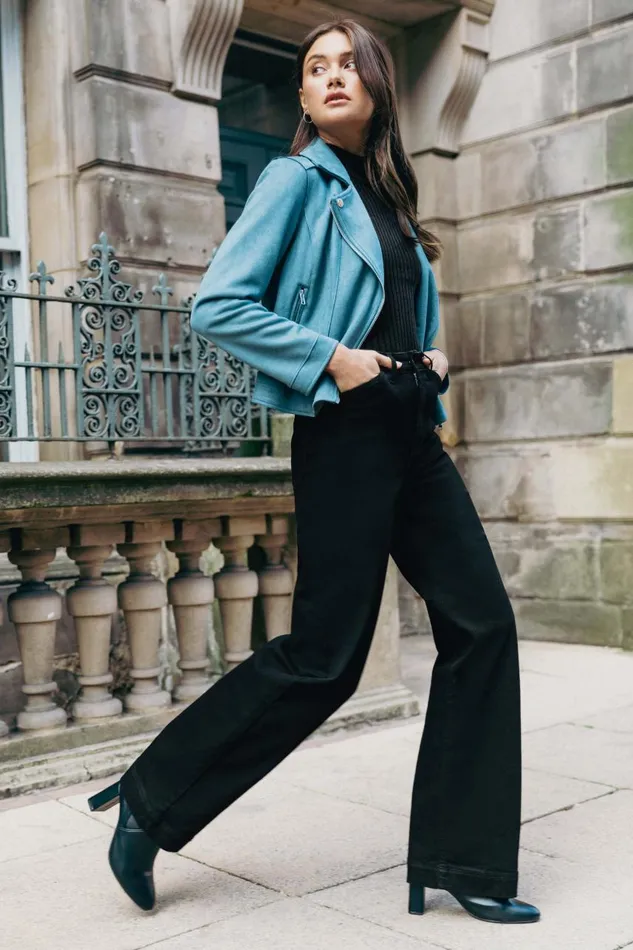 Women Black Wide Leg Stretch Denim Jeans Roman Trousers