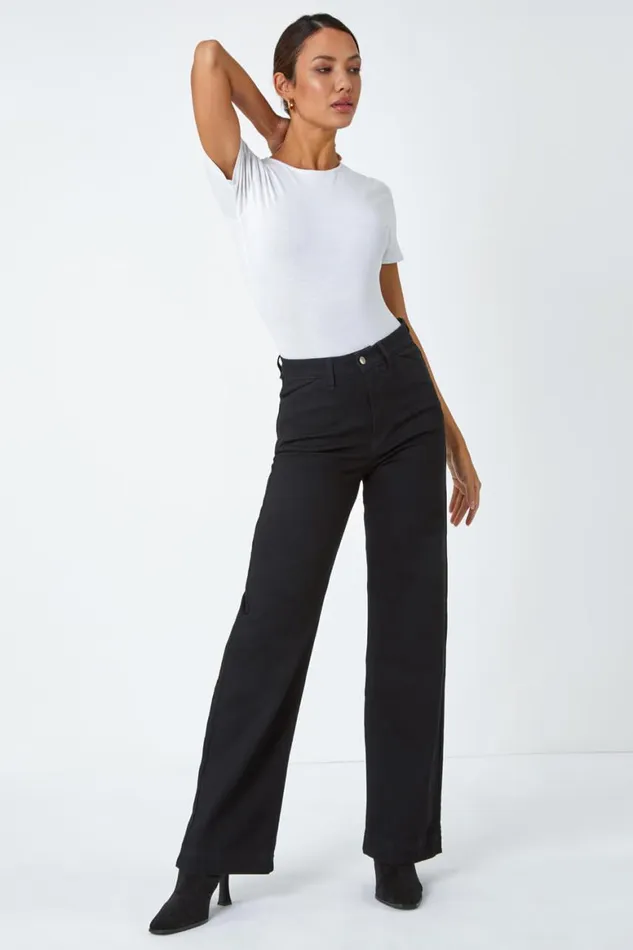 Women Black Wide Leg Stretch Denim Jeans Roman Trousers