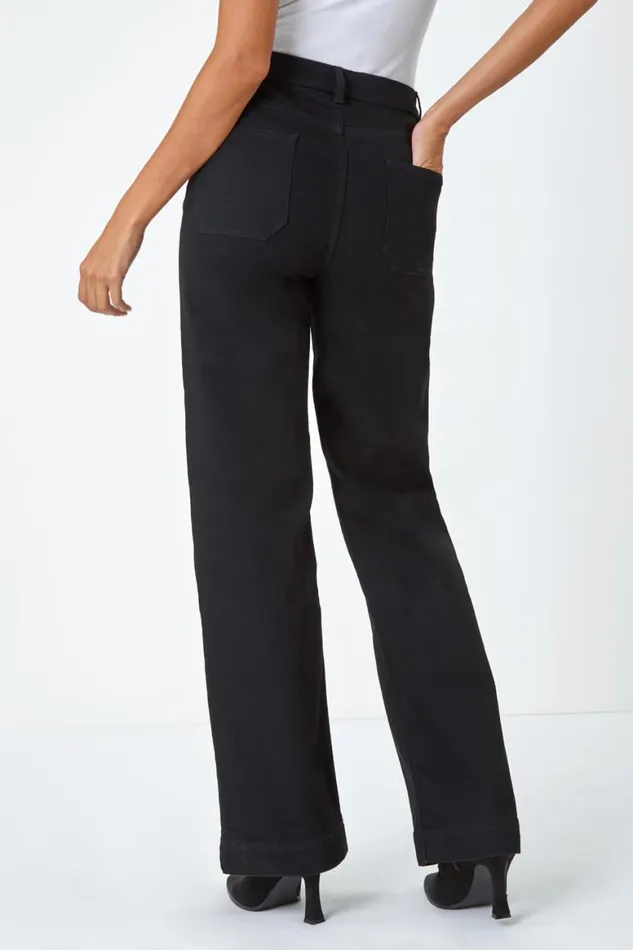 Women Black Wide Leg Stretch Denim Jeans Roman Trousers