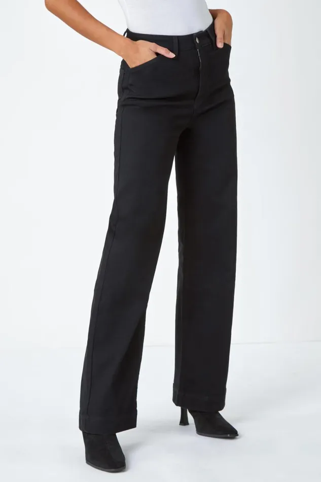 Women Black Wide Leg Stretch Denim Jeans Roman Trousers