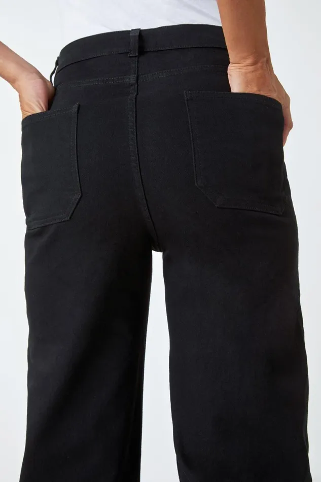 Women Black Wide Leg Stretch Denim Jeans Roman Trousers
