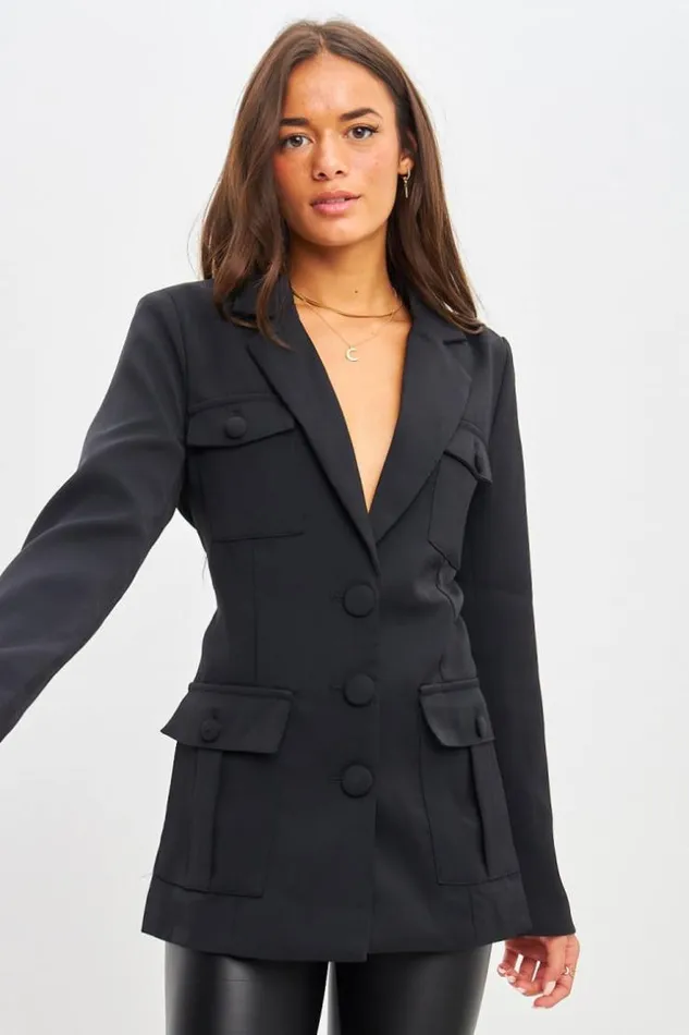 Women Blazer Noir Poches Et Chaine En Mtal Black Brentiny Paris Jackets
