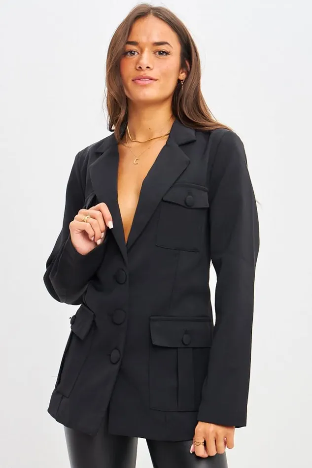 Women Blazer Noir Poches Et Chaine En Mtal Black Brentiny Paris Jackets