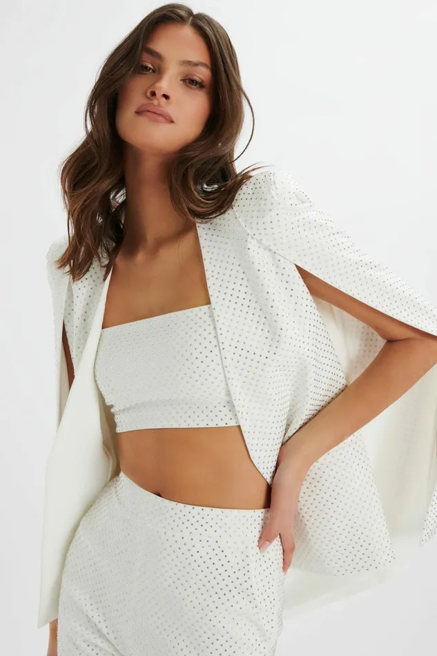 Women Blazers Lavish Alice TIA Crystal Embellished Classic Cape Blazer In White White