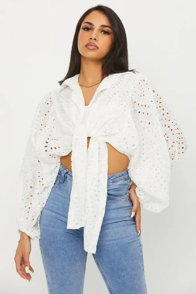 Women Blouse Blanche Courte A Nou En Broderie Anglaise White Brentiny Paris Shirts and Blouses Women Blouse Blanche Courte A Nou En Broderie Anglaise White Brentiny Paris Shirts and Blouses