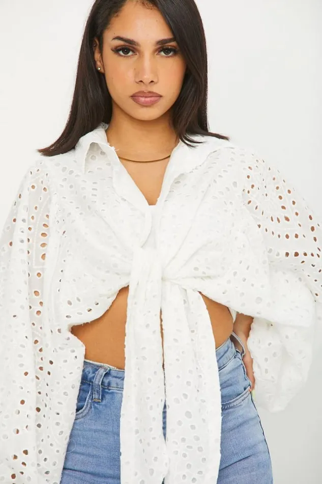 Women Blouse Blanche Courte A Nou En Broderie Anglaise White Brentiny Paris Shirts and Blouses Women Blouse Blanche Courte A Nou En Broderie Anglaise White Brentiny Paris Shirts and Blouses