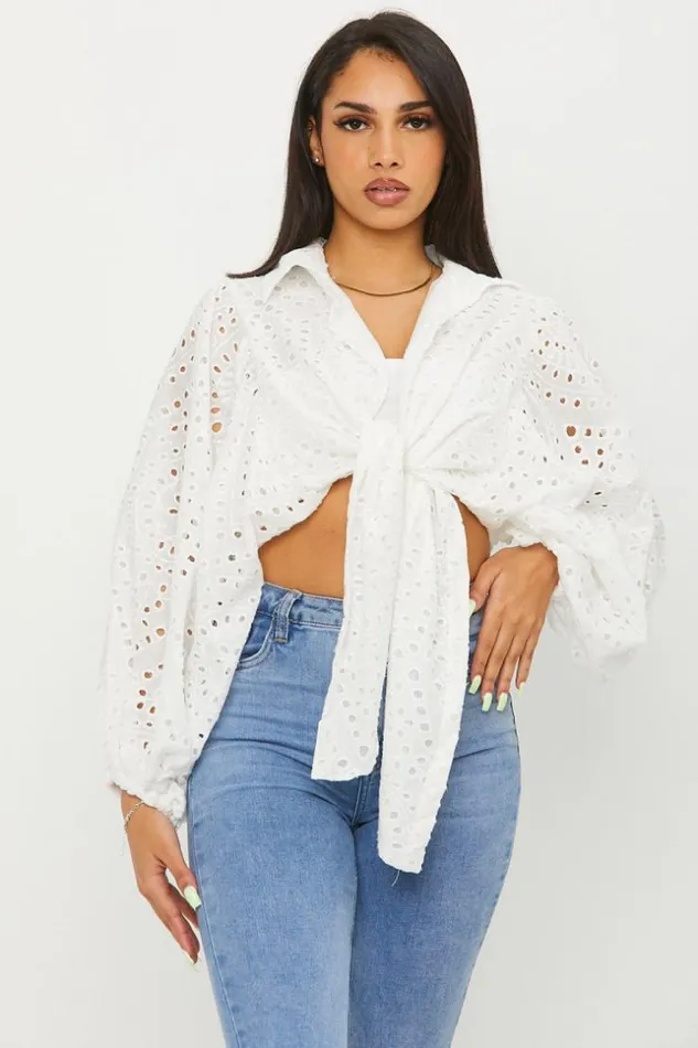 Women Blouse Blanche Courte A Nou En Broderie Anglaise White Brentiny Paris Shirts and Blouses Women Blouse Blanche Courte A Nou En Broderie Anglaise White Brentiny Paris Shirts and Blouses
