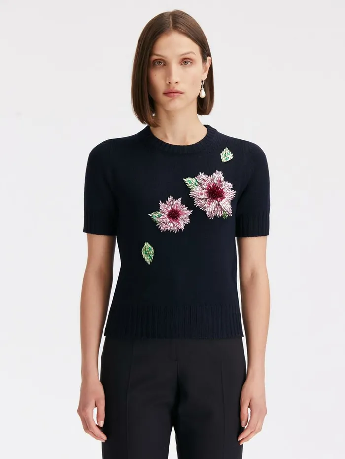 Women Blouses and Knits Oscar De La Renta Crystal Dahlia Embroidered Pullover Navy