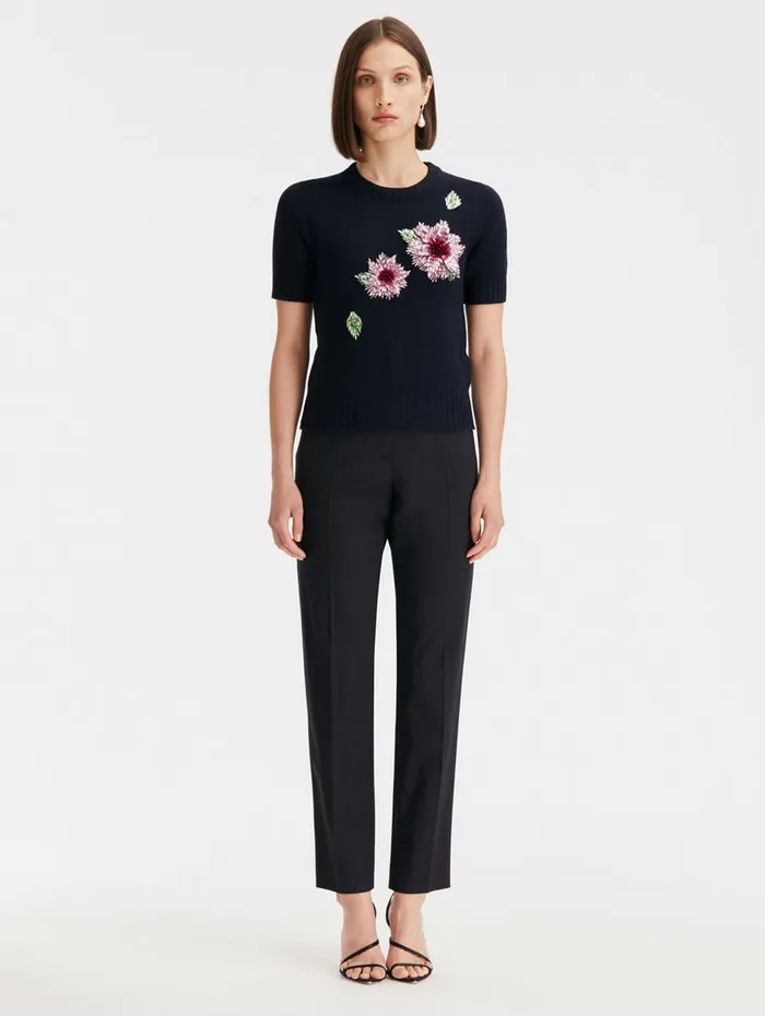 Women Blouses and Knits Oscar De La Renta Crystal Dahlia Embroidered Pullover Navy Women Blouses and Knits Oscar De La Renta Crystal Dahlia Embroidered Pullover Navy