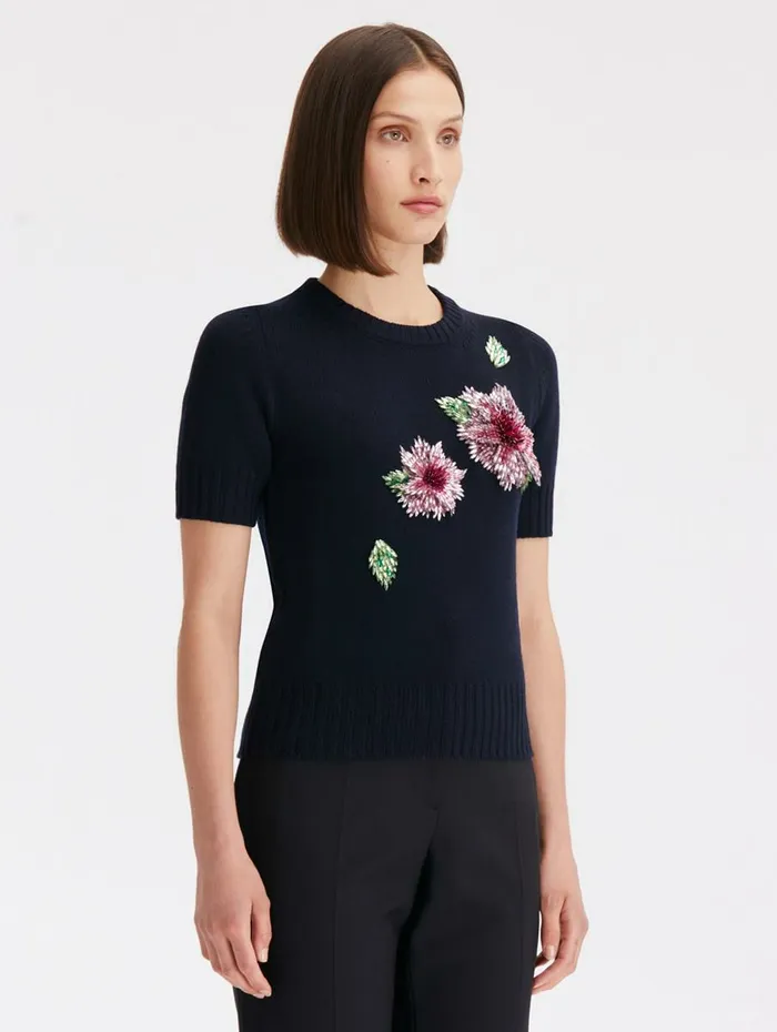 Women Blouses and Knits Oscar De La Renta Crystal Dahlia Embroidered Pullover Navy Women Blouses and Knits Oscar De La Renta Crystal Dahlia Embroidered Pullover Navy