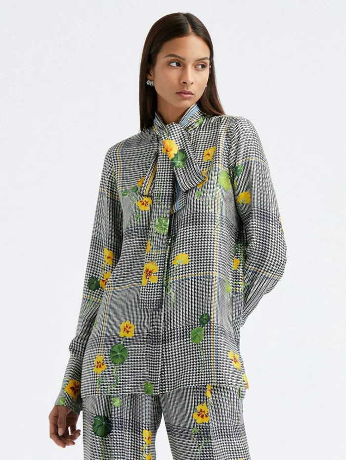 Women Blouses and Knits Oscar De La Renta Nasturtium Plaid Tie Neck Blouse Ivory Multi