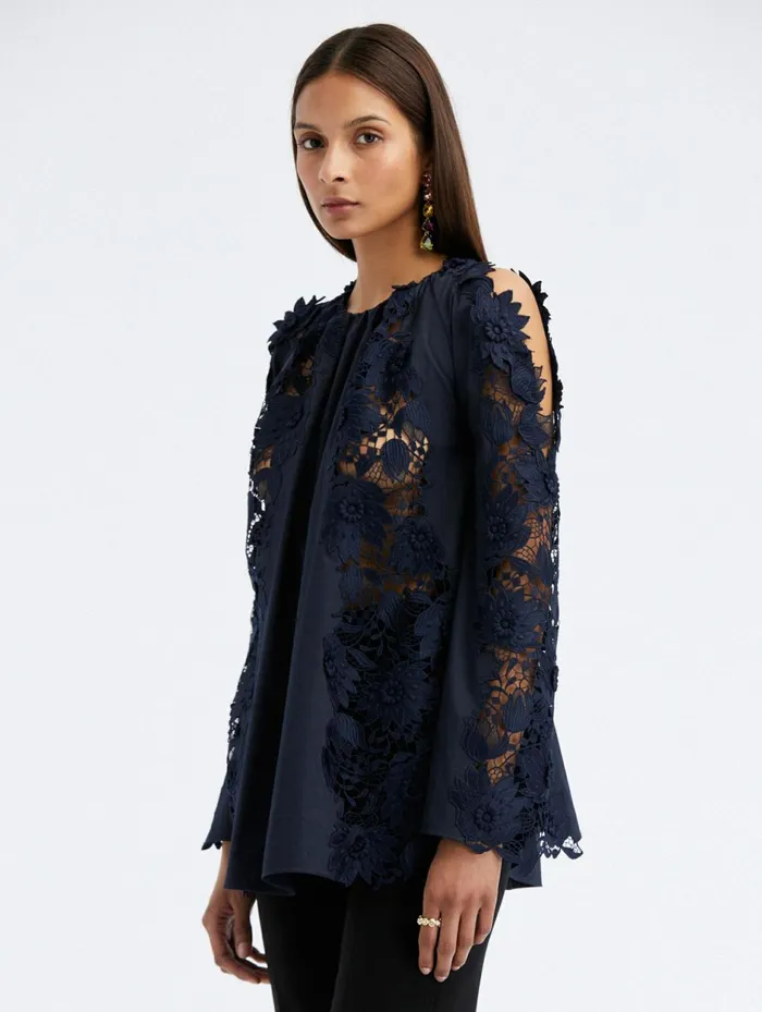 Women Blouses and Knits Oscar De La Renta Water Lily Guipure Trapeze Blouse Navy