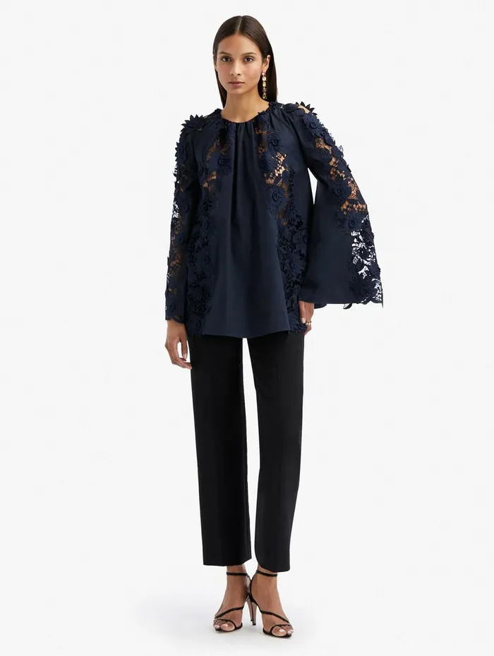 Women Blouses and Knits Oscar De La Renta Water Lily Guipure Trapeze Blouse Navy Women Blouses and Knits Oscar De La Renta Water Lily Guipure Trapeze Blouse Navy