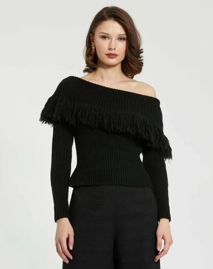 Women Blouses And Tops Mac Duggal Off The Shoulder Fringe Knit Sweater 8211 FINAL SALE Black