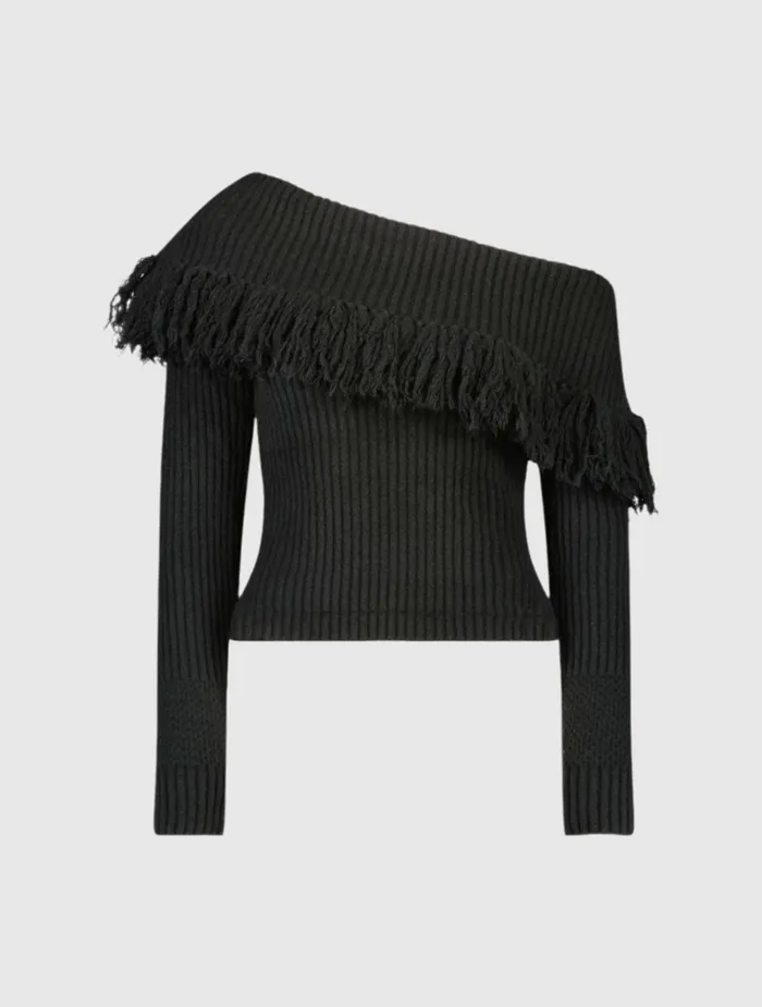 Women Blouses And Tops Mac Duggal Off The Shoulder Fringe Knit Sweater 8211 FINAL SALE Black