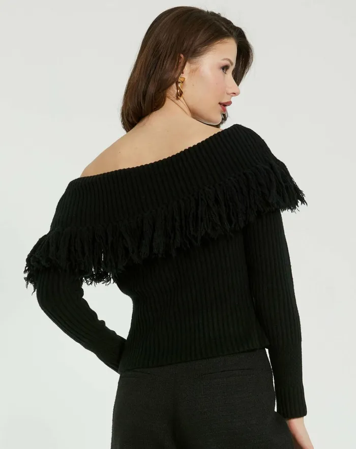 Women Blouses And Tops Mac Duggal Off The Shoulder Fringe Knit Sweater 8211 FINAL SALE Black