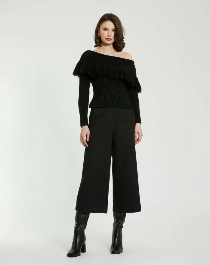 Women Blouses And Tops Mac Duggal Off The Shoulder Fringe Knit Sweater 8211 FINAL SALE Black