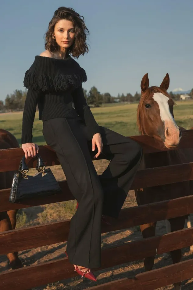 Women Blouses And Tops Mac Duggal Off The Shoulder Fringe Knit Sweater 8211 FINAL SALE Black