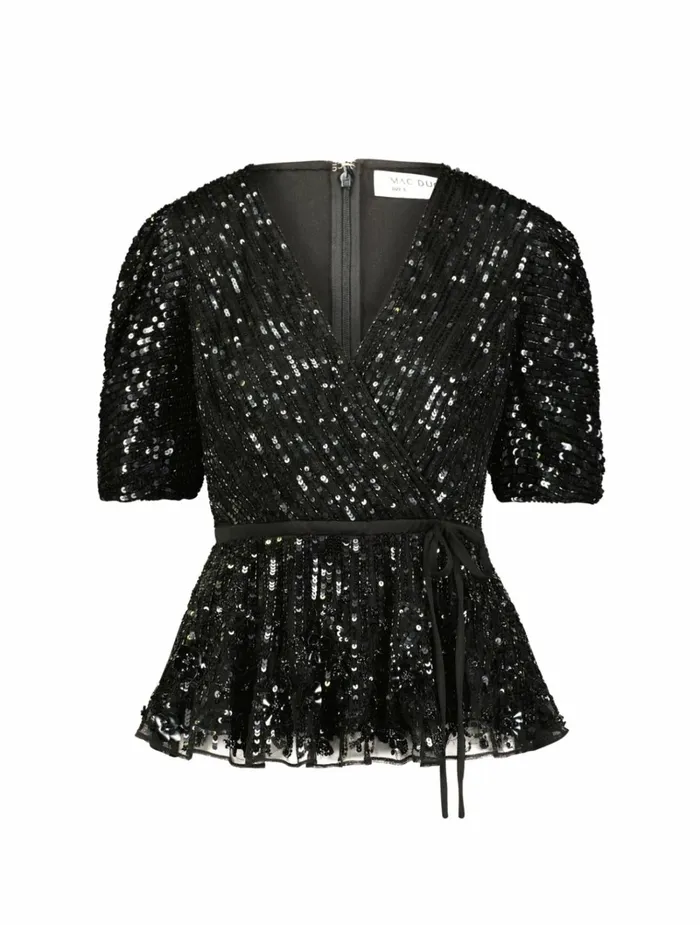 Women Blouses And Tops Mac Duggal Sequined Puff Sleeve Faux Wrap Top Black