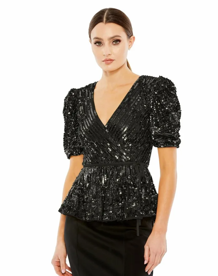 Women Blouses And Tops Mac Duggal Sequined Puff Sleeve Faux Wrap Top Black
