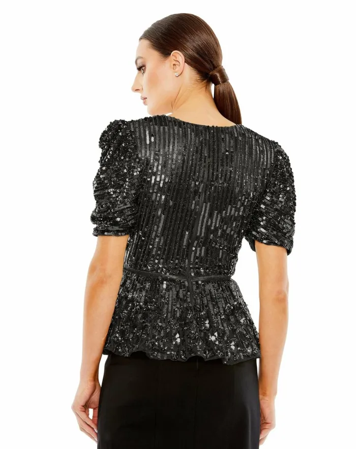 Women Blouses And Tops Mac Duggal Sequined Puff Sleeve Faux Wrap Top Black