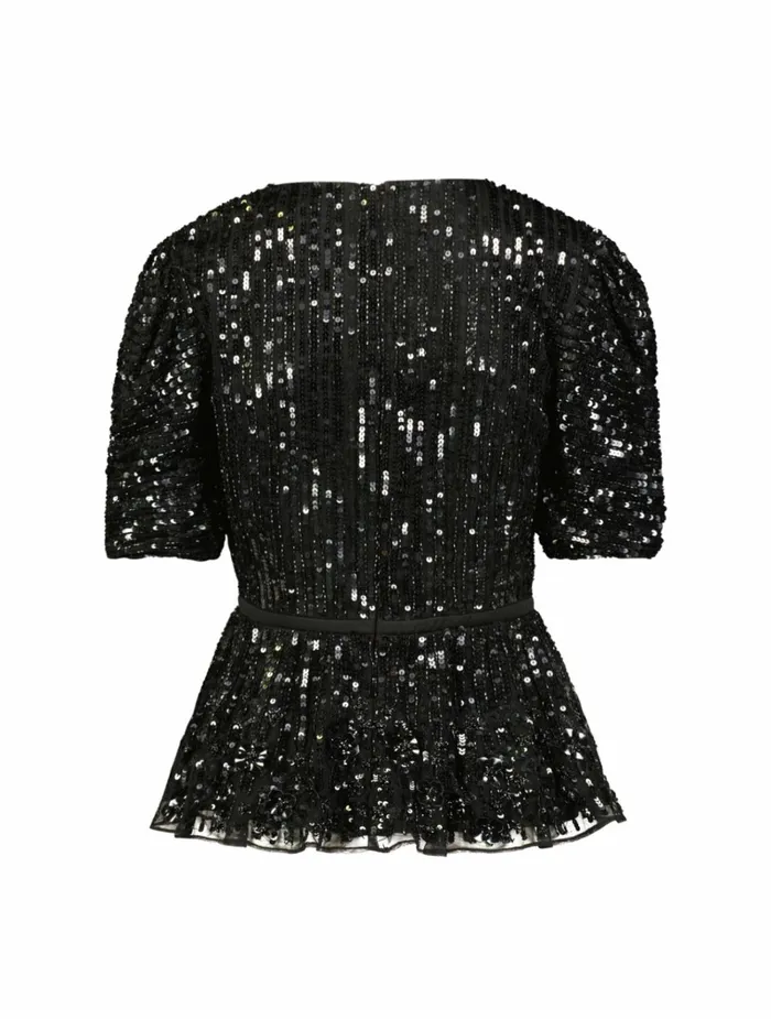 Women Blouses And Tops Mac Duggal Sequined Puff Sleeve Faux Wrap Top Black