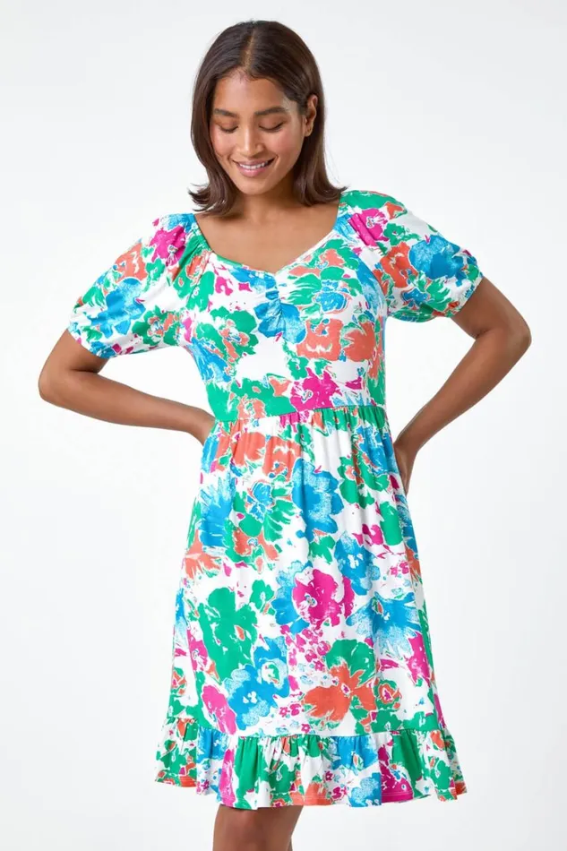 Women Blue Abstract Floral Ruched Frill Stretch Dress Roman Dresses