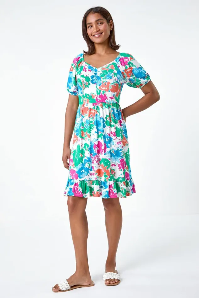 Women Blue Abstract Floral Ruched Frill Stretch Dress Roman Dresses