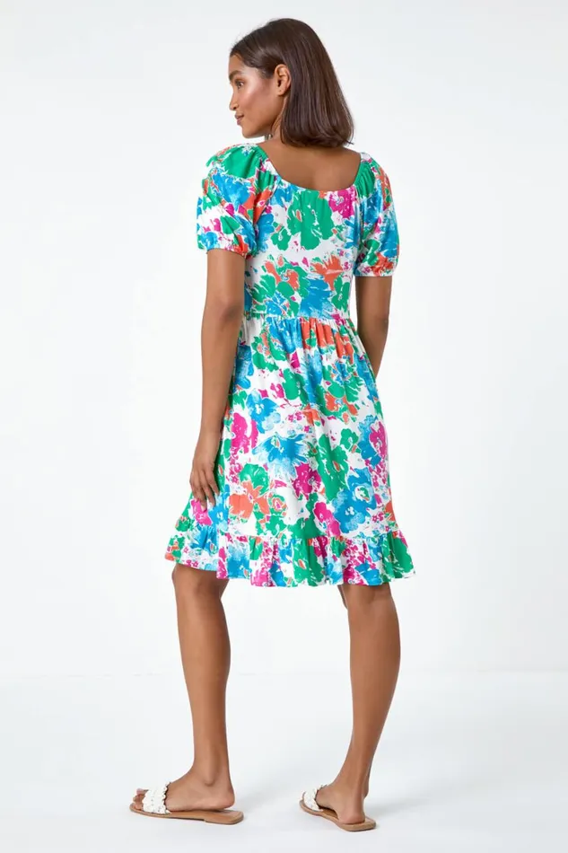 Women Blue Abstract Floral Ruched Frill Stretch Dress Roman Dresses